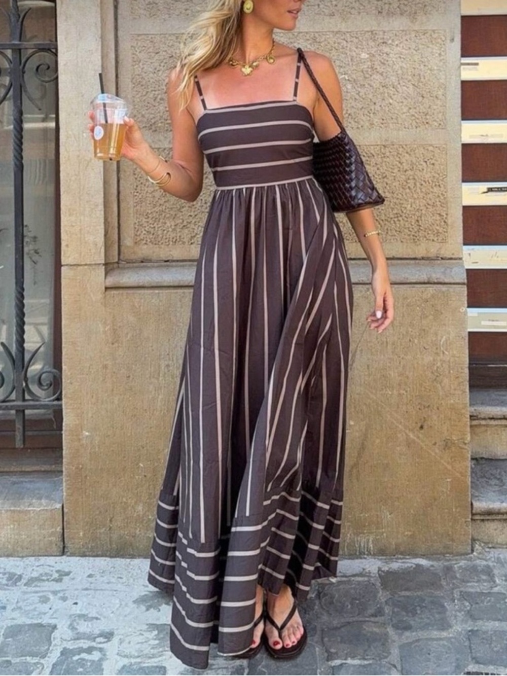 CREAM color brown stock for is just for style Striped Spaghetti‑Strap Maxi Dress